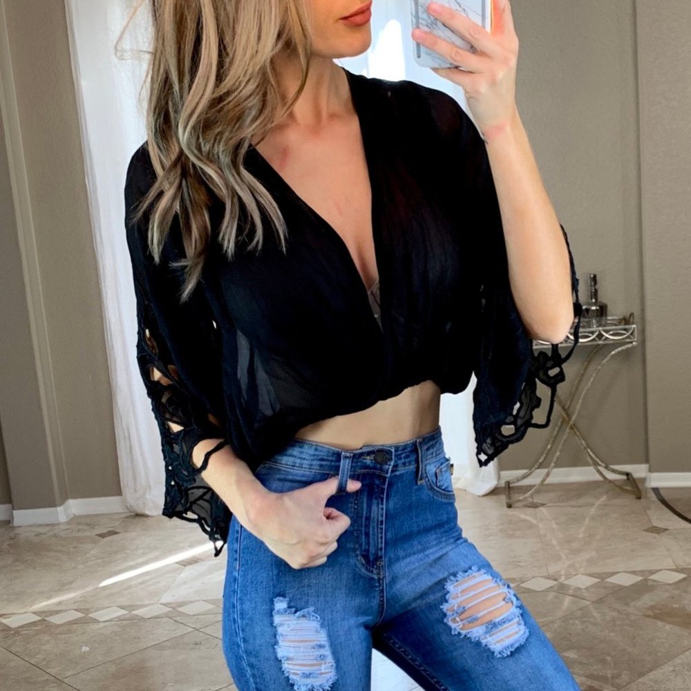 Free People Black Lace Crop Bell Sleeve V Neck Top